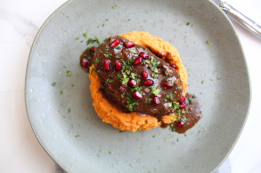 Pomegranate-Glazed Aussie Beef Short Ribs  with Harissa Whipped Sweet Potatoes