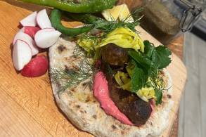 Grilled Olive Flatbread with Aussie Lamb Merguez